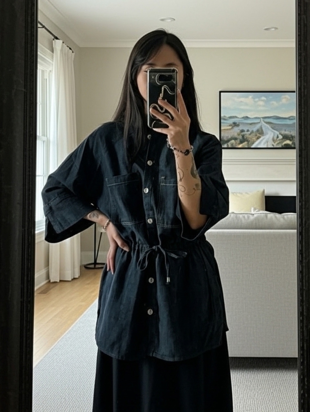 Zara Denim Button-Front Drawstring Shirt/Dress